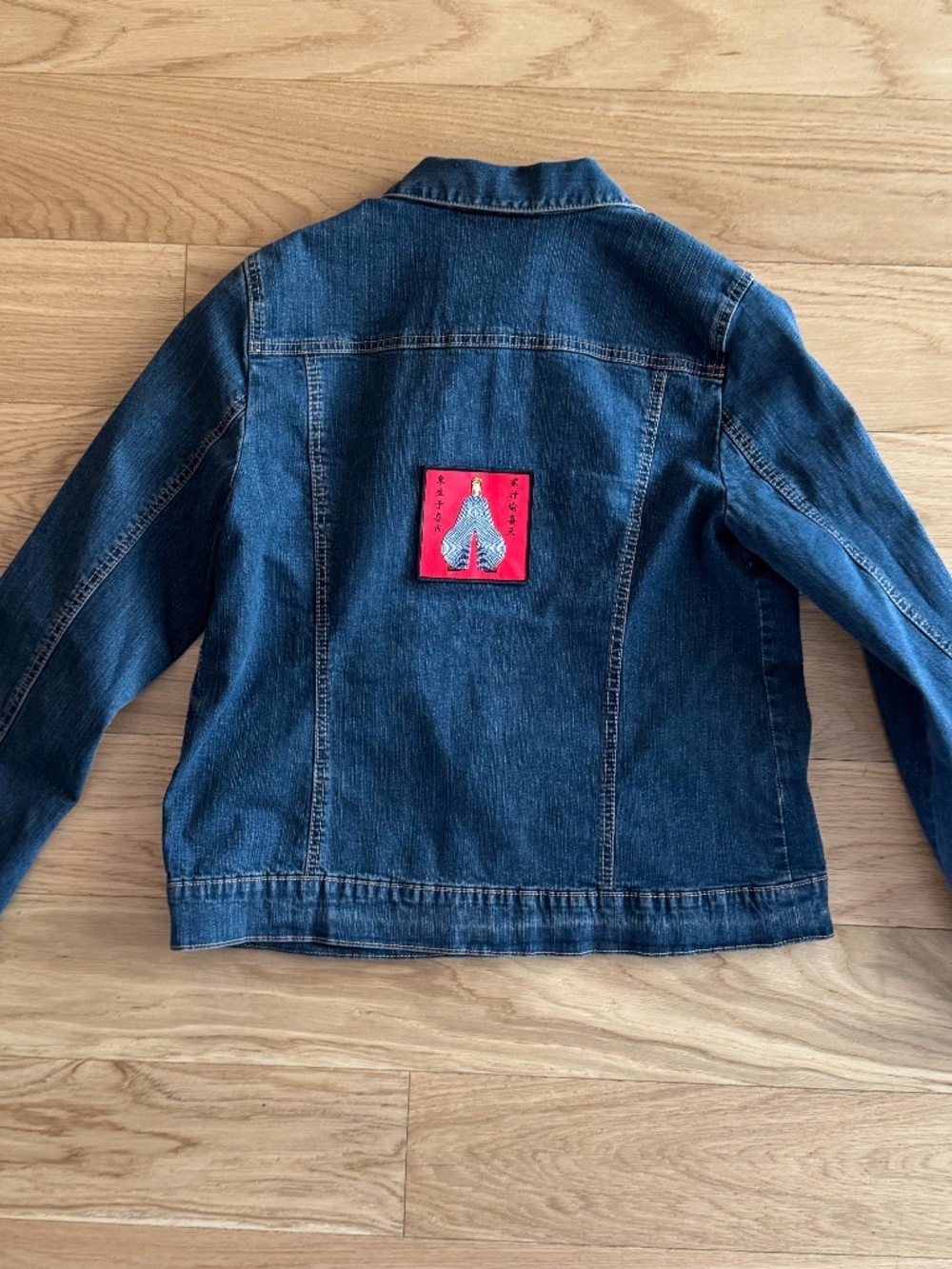 VINTAGE denim jacket with David Bowie patch on back - size M